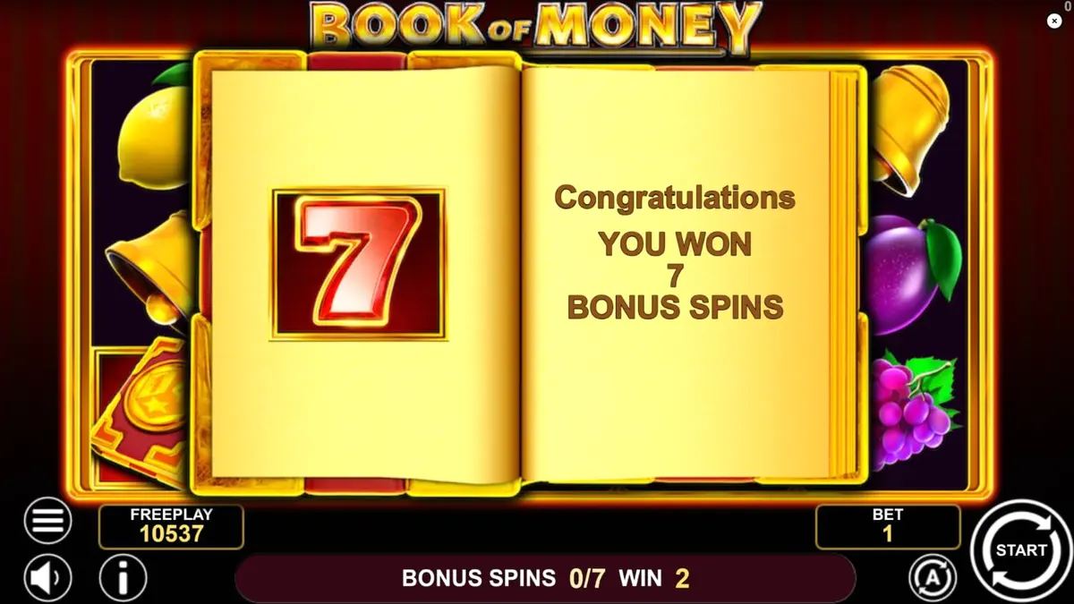 Book of Money slot game interface na may mga prutas at mahiwagang libro