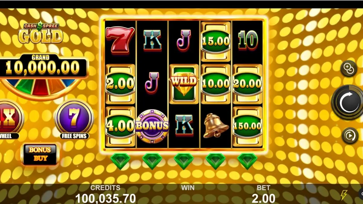 Cash Spree Gold slot interface na may mga gintong simbolo at makinang na disenyo