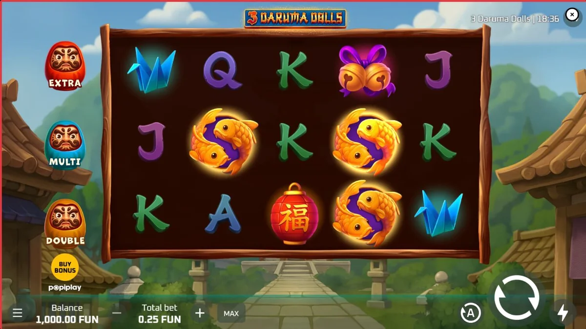 Ang mahiwagang templo at ang tatlong Daruma Dolls sa 3 Daruma Dolls slot.